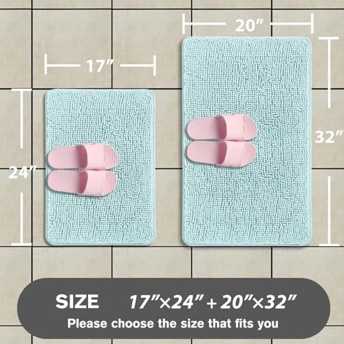Aqua Bathroom Rugs Sets 2 Piece – Absorbent and Washable Bath Mat, Non-Slip, Thick Soft Chenille Bath Rugs for Bathroom Floor, Shower, Sink - 17" x 24"+20" x 32"