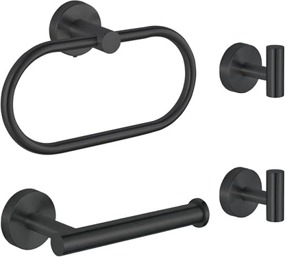Bathroom Hardware Set Includes Towel Ring, Toilet Paper Holder and 2 Towel Hooks, SUS304 Stainless Steel Modern Wall-Mounted Bathroom Set, Rustproof Bathroom Fitting Set (Black)