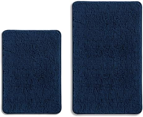 Navy Blue Bathroom Rugs Sets 2 Piece – Absorbent and Washable Bath Mat, Non-Slip, Thick Soft Chenille Bath Rugs for Bathroom Floor, Shower, Sink - 17" x 24"+20" x 32"