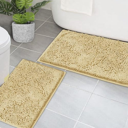 Bathroom Rugs Chenille Bath mat 2 Piece Set, Super Absorbent, PVC Non Slip Backing, Bath mats for Bathroom, Plush Shaggy, Thick, Machine Washable, Bathtub, Shower, Toilet.(Beige)