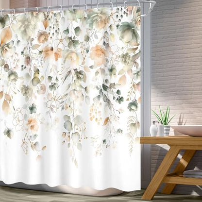 Green Yellow Floral Summer Watercolor Sage Bathroom Shower Curtain Set