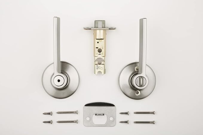 Kwikset Ladera Interior Privacy Door Handle with Lock, Door Lever For Bathroom and Bedroom, Satin Nickel Reversible Keyless Push Button Lock Door Lever, with Microban Protection, 1 Count (Pack of 1)