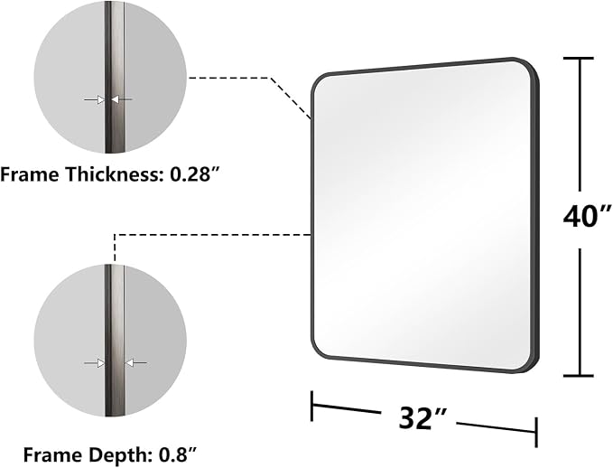Koonmi Bathroom Mirror, 32X40 Brushed Black Metal Framed Wall-Mounted Mirror for Over Sink, HD Tempered Glass, Anti-Rust, Rounded Rectangle Mirror for Restroom, Bedroom, Hangs Horizontal or Vertical