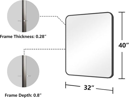 Koonmi Bathroom Mirror, 32X40 Brushed Black Metal Framed Wall-Mounted Mirror for Over Sink, HD Tempered Glass, Anti-Rust, Rounded Rectangle Mirror for Restroom, Bedroom, Hangs Horizontal or Vertical