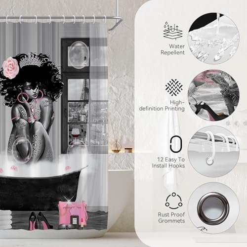 5Pcs Black Girl Shower Curtain Set with Decorative Painting, African American Wall Painting Bathroom Sets with Shower Curtain and Rugs, Trendy Women’s Bathroom Pictures for Wall Art Decor