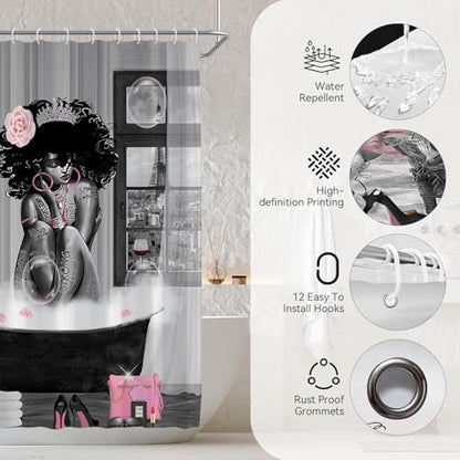 5Pcs Black Girl Shower Curtain Set with Decorative Painting, African American Wall Painting Bathroom Sets with Shower Curtain and Rugs, Trendy Women’s Bathroom Pictures for Wall Art Decor