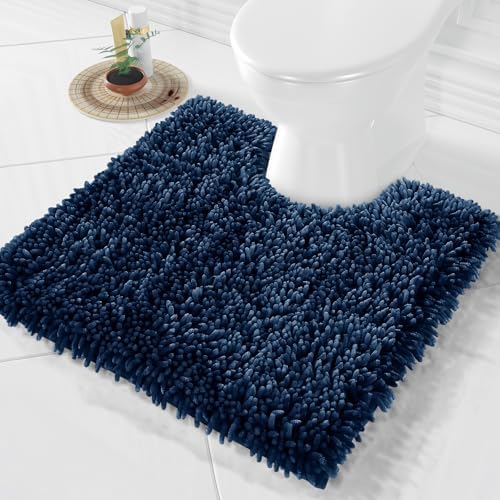 Yimobra Toilet Rugs U Shaped Washable, Extra Thick Soft Absorbent Chenille Contour Bathroom Rugs for Toilet 24x24 Inch, Quick Dry Non Slip Toilet Mat for Bath Floor, Blue