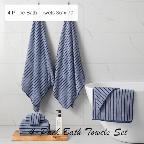 4 Piece Navy Cabana Stripe Large Bath Towels Oversized Bath Sheet Super Soft Breathable Jumbo Bathroom Towels Highly Absorbent Shower Towel Quick Dry Beach Chair Towel Spa Gym Hotel Towel Set