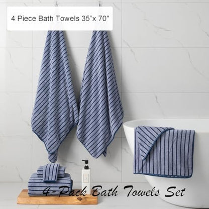 4 Piece Navy Cabana Stripe Large Bath Towels Oversized Bath Sheet Super Soft Breathable Jumbo Bathroom Towels Highly Absorbent Shower Towel Quick Dry Beach Chair Towel Spa Gym Hotel Towel Set