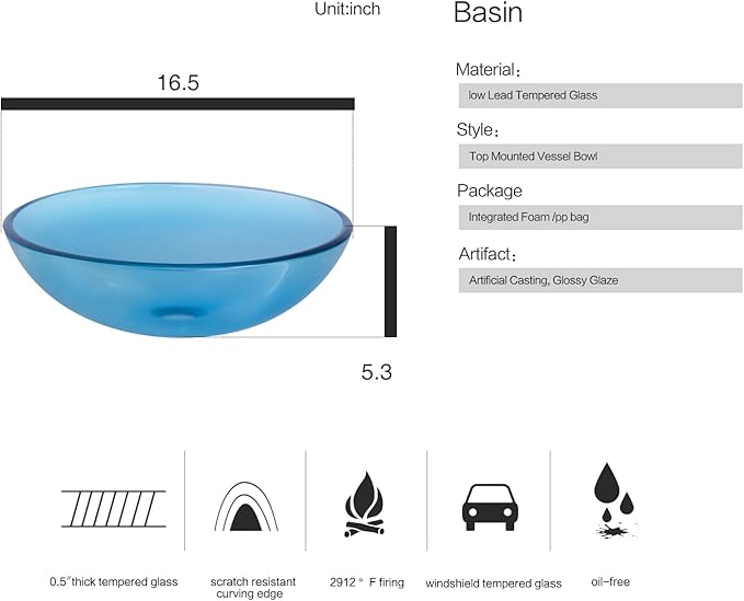 Bathroom Vessel Sink, Tempered Glass Vanity Round Bowl with Chrome Faucet and Pop up drain Set, Blue