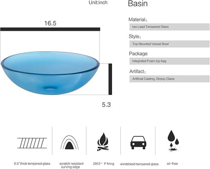 Bathroom Vessel Sink, Tempered Glass Vanity Round Bowl with Chrome Faucet and Pop up drain Set, Blue