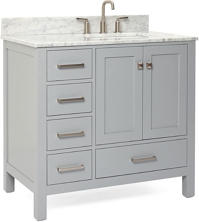 ARIEL Cambridge 36-inch Bathroom Vanity with Sink,Solid Wood, 0.75-inch Italian Carrara Marble Countertop, Single Rectangular Porcelain Sink, 2 Soft Closing Doors, 5 Dovetail Drawers, Grey