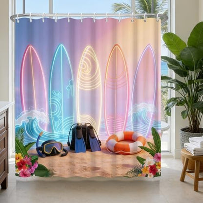 Waterproof Tropical Beach Shower Curtain with 12 Hooks, Colorful Neon Surfboard Design Fabric Shower Curtains with Weighted Bottom, Machine Washable Summer Shower Curtain for Bathroom , 72"W x 72"L