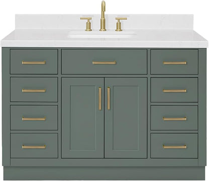 Isabella 48-inch Vintage Green Bathroom Vanity with Center Rectangle Single Sink, Carrara White Quartz Countertop & Backsplash, Solid Wood Frame, Soft-Closing & Dovetail Drawers
