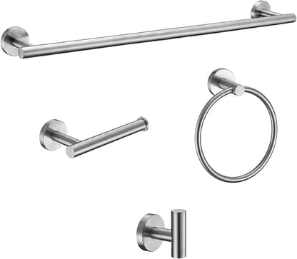 Bathroom Hardware Accessories Set, Brushed Nickel, 24 Inches, 4-Pieces | Towel Rack Set, Round Bathroom Set, Wall-Mounted, SUS304 Stainless Steel, Towel Ring, Hooks, Toilet Paper Holder