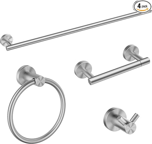 FORIOUS Bathroom Accessories, 4-Piece Bathroom Hardware Set - 18" Towel Bar | Brushed Nickel | Towel Hooks, Towel Racks for Bathroom, Toilet Paper Holder Wall Mounted, Towel Ring | SUS304 Stainless Steel