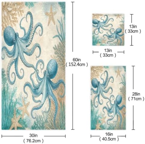 Naanle Nautical Octopus Marine Old Map Soft Luxury Decorative 3 Pieces Towels Set, 1 Bath Towel+1 Hand Towel+1 Washcloth, Multipurpose for Bathroom, Hotel, Gym, Spa and Kitchen
