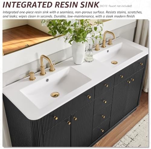 T4TREAM 60" Fluted Bathroom Vanity with Double Sink, Black Oak