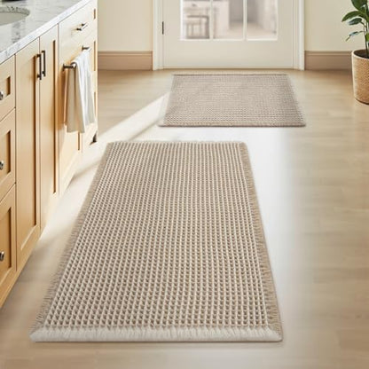 Upgraded Waffle Bath Mat Set of 2 Absorbent Bathroom Mat 17"x24" + 20"x32"