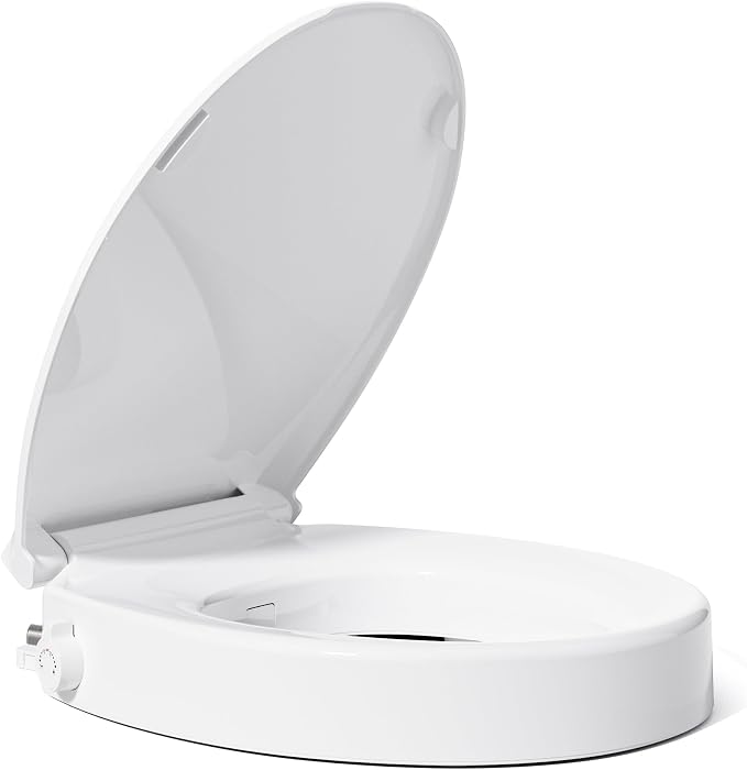 BIGCOW Raised Toilet Seat with Bidet for Seniors, Round, Adds 3 Inches | Non-Electric Bidet,Soft Close, Adjustable Water Pressure,Stainless Steel Inlet