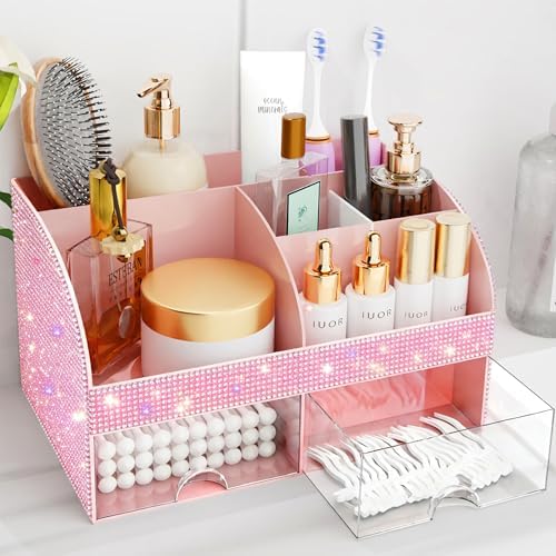 Bling Makeup Organizer with Drawers, Cosmetic Storage for Dresser Vanity and Bathroom Countertop, Beauty Holder for Lipstick Brush, Skincare Organizer for Vanity, Cosmetic Display Case Bling Pink