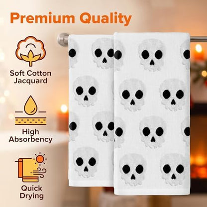 2 Pack Halloween Hand Towels 100% Cotton Jacquard Skeleton Halloween Kitchen Towels White Bathroom Towels Set Seasonal Bathroom Decor(White Skeleton, Halloween)