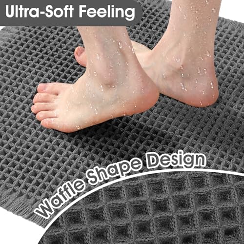 ACCUMTEK Upgraded Waffle Bath Mat, 36"x24" Grey, Super Absorbent Non-Slip Quick Dry Bathroom Rugs with Tassels, Machine Washable Ultra Soft Boho Bath Rugs for Floor, Toilet Mats Boho Farmhouse Decor