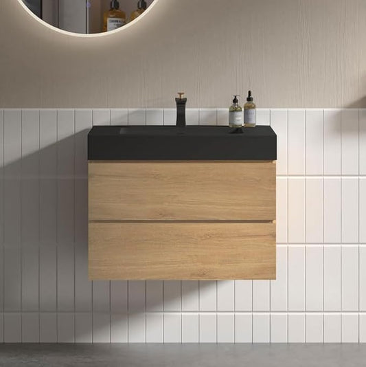 30" Floating Bathroom Vanity with Black Sink, Modern Bathroom Cabinet with Top and Soft Close Drawers, Spacious Storage for Small Space, Natural Oak - Lavanda Collection