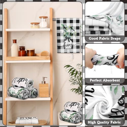 FuWeave 8 Pcs Shower Curtain Bathroom Sets, Black White Rug Plaid Mat