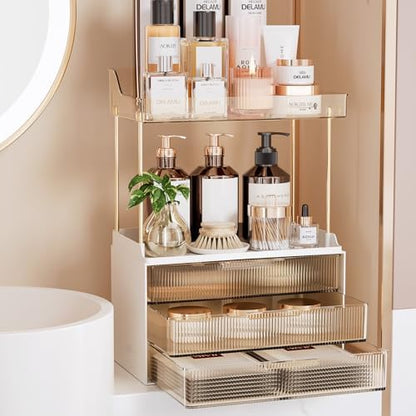 Delamu 5-Tier Makeup Organizer, Bathroom Counter Storage, 3 Drawers, Amber