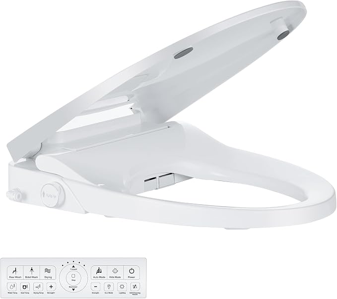 Bidet Toilet Seat Elongated, Electric, Warm Water with Air Dryer, Heated Seat, Front and Rear Wash, LED Nightlight, Wireless Remote, White, Y101