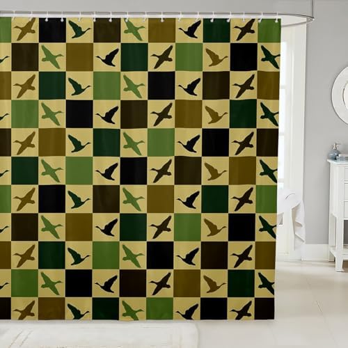 Duck Hunter Shower Curtain for Bathroom Decor Mallard Duck Bath Curtain Bathtubs Checkered Geometric Bathroom Accessories Hunting Vintage Brown Green Waterproof Polyester Fabric with 12 Hooks 72"x78"