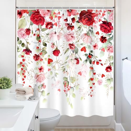 Mother Day Women Red Pink Rose Bathroom Shower Curtain Set