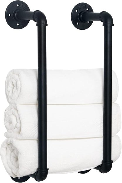 HouseAid Industrial Pipe Towel Rack, Farmhouse Bathroom Towel Storage Holder, Vintage Style Towel Organization, Wall Mounted, Matte Black