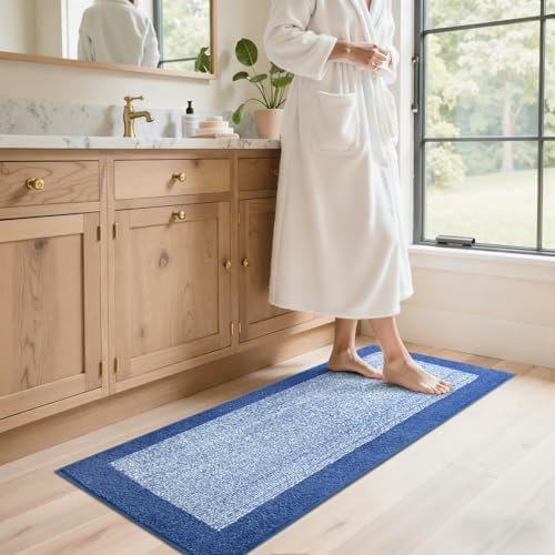 48x17 Long Bathroom Rugs Non Slip Washable, Soft Absorbent Bath Mat Blue