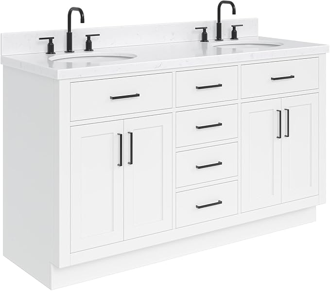 ARIEL Hepburn 60-inch Bathroom Vanity with Sink,Solid Wood, 1.5-inch Carrara White Quartz Countertop & Backsplash, Double Oval Porcelain Sink, 4 Soft Closing Doors, 6 Dovetail Drawers, White