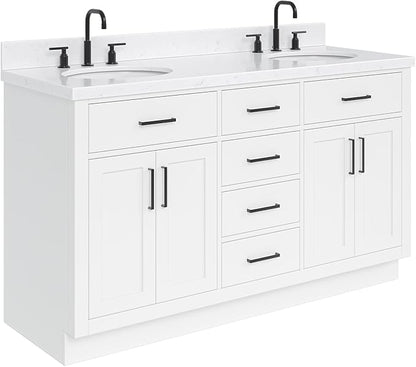 ARIEL Hepburn 60-inch Bathroom Vanity with Sink,Solid Wood, 1.5-inch Carrara White Quartz Countertop & Backsplash, Double Oval Porcelain Sink, 4 Soft Closing Doors, 6 Dovetail Drawers, White
