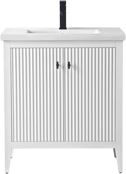 Vanity Art 30 inch Bathroom Vanity with Single Sink & Ceramic Top, Vanity Cabinet with Soft-Closing Door, Solid Wood Frame, Linear Pattern, White, VA9130-W-MB,Matte Black Handles