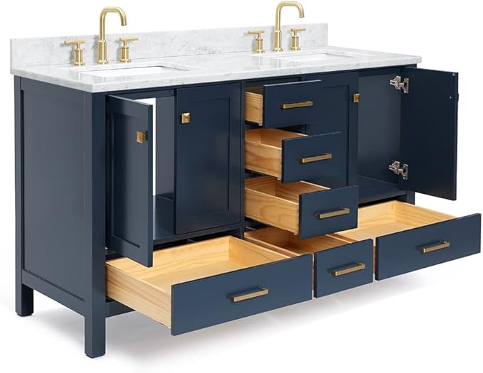 ARIEL Cambridge 60-inch Bathroom Vanity with Sink,Solid Wood, 0.75-inch Italian Carrara Marble Countertop, Double Rectangular Porcelain Sink, 4 Soft Closing Doors, 6 Dovetail Drawers, Midnight Blue