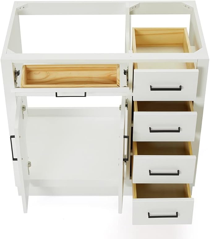ARIEL Hepburn 36-inch Bathroom Vanity Base Cabinet,Solid Wood, 2 Soft Closing Doors, 5 Dovetail Drawers, White