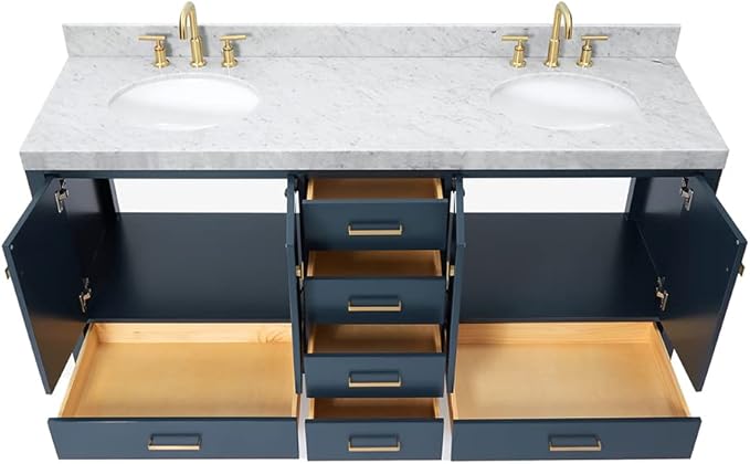 ARIEL Cambridge 72-inch Bathroom Vanity with Sink,Solid Wood, 2-inch Italian Carrara Marble Countertop, Double Oval Porcelain Sink, 4 Soft Closing Doors, 6 Dovetail Drawers, Midnight Blue