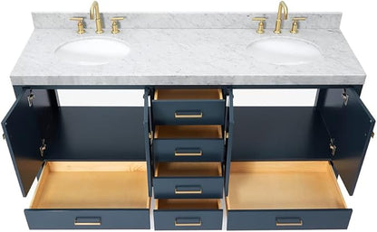 ARIEL Cambridge 72-inch Bathroom Vanity with Sink,Solid Wood, 2-inch Italian Carrara Marble Countertop, Double Oval Porcelain Sink, 4 Soft Closing Doors, 6 Dovetail Drawers, Midnight Blue