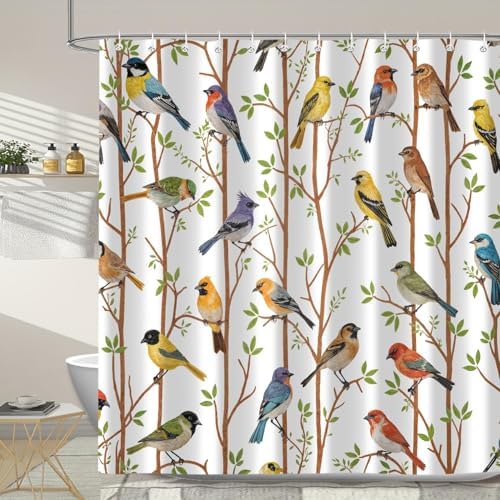 Moonslim Colorful Birds Shower Curtains, Woodland Green Leaves Trees Wildlife Vintage Spring Themed Shower Curtain Set, Fabric Bath Curtain for Bathroom Decor Waterproof Cloth with Hooks 72X78 Inch