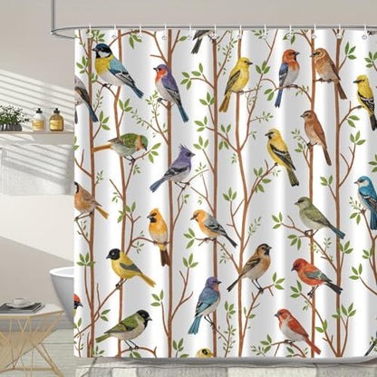 Moonslim Colorful Birds Shower Curtains, Woodland Green Leaves Trees Wildlife Vintage Spring Themed Shower Curtain Set, Fabric Bath Curtain for Bathroom Decor Waterproof Cloth with Hooks 72X78 Inch