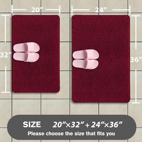 Vivid Burgundy Bathroom Rugs Sets 2 Piece – Absorbent and Washable Bath Mat, Non-Slip, Thick Soft Chenille Bath Rugs for Bathroom Floor, Shower, Sink - 20" x 32"+24" x 36"