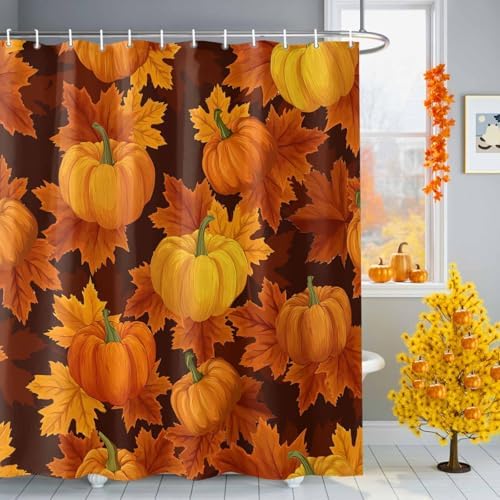 Shower Curtain Bathroom Set Thanksgiving Pumpkin Fall Orange Maple Leaf Waterproof Shower Curtains with Grommets Hooks Autumn Watercolor Leaves Privacy Bath Curtain for Bathtub Decor 48x72in