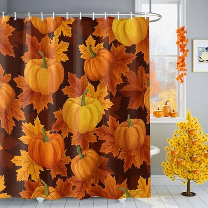 Shower Curtain Bathroom Set Thanksgiving Pumpkin Fall Orange Maple Leaf Waterproof Shower Curtains with Grommets Hooks Autumn Watercolor Leaves Privacy Bath Curtain for Bathtub Decor 48x72in