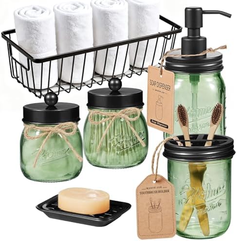 SheeChung Mason Jar Bathroom Accessories Set, 6Pcs Green Glass Bathroom Set
