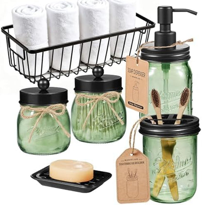 SheeChung Mason Jar Bathroom Accessories Set, 6Pcs Green Glass Bathroom Set