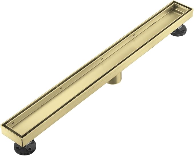 Linear Shower Floor Drain, Brushed Gold 28 Inch 304 Stainless Steel Bathroom Drains Kit, Rectangular Shower Trench Drain with Reversable Tile-in Pattern Drain Cover & Hair Catcher